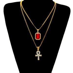 💝 18k Gold Necklaces with Red Ruby Gemstone and Iced Out Gold Cross Pendant